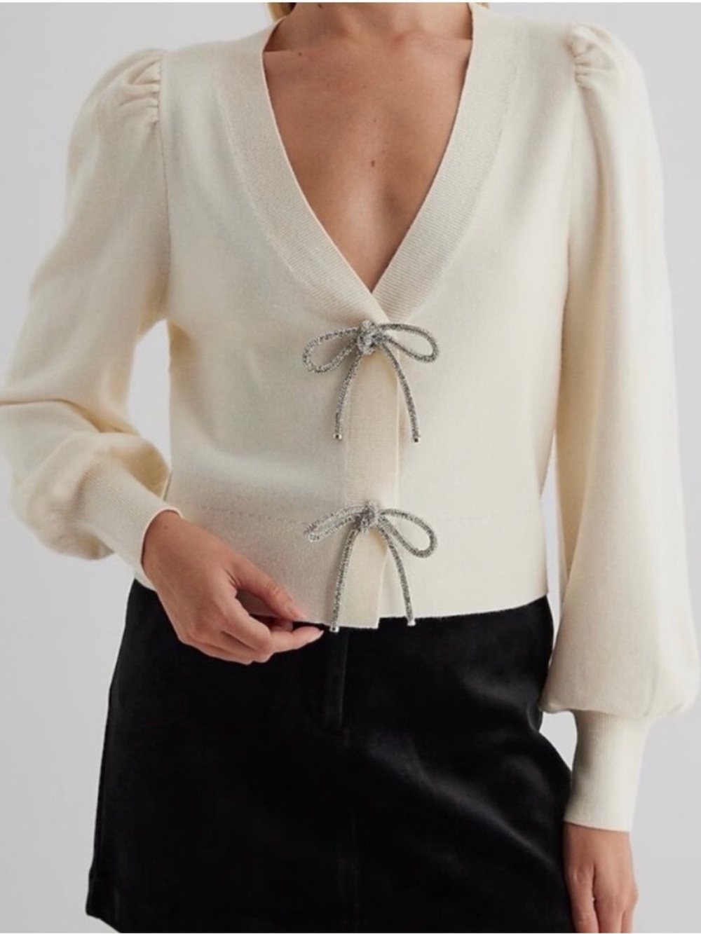 Express Embellished Bow V-Neck Cardigan